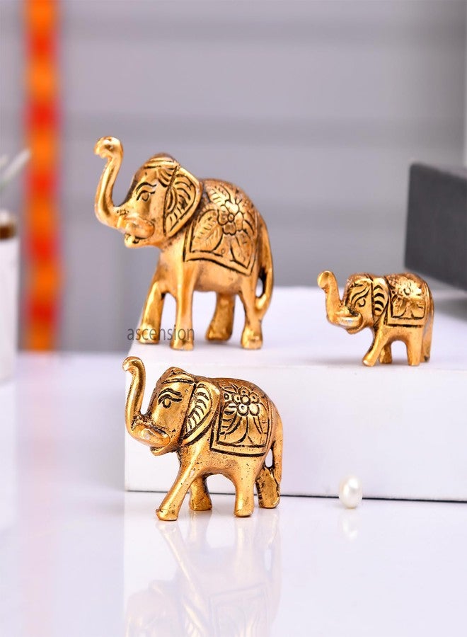 أسينشين مجموعة من 3 تماثيل معدنية لعائلة فيلة بخرطوم مرفوع، تحفة فنية، فنغ شوي فاستو، قطع ديكور محظوظة لتزيين المنزل، غرفة المعيشة، المكتب، سطح المكتب، والهدايا (ذهبي) - Image 3